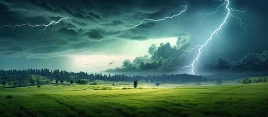 Poster - Thunderstorm with lightning illuminating a green meadow with a picturesque scenery - ideal for a copy space image.