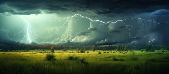 Poster - Thunderstorm with lightning illuminating a green meadow with a picturesque scenery - ideal for a copy space image.