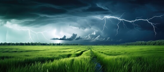 Poster - Thunderstorm with lightning illuminating a green meadow with a picturesque scenery - ideal for a copy space image.