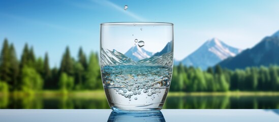 Poster - Adding pure water into a glass creates a beautiful image of water bubbles, set against a natural backdrop with copy space image.
