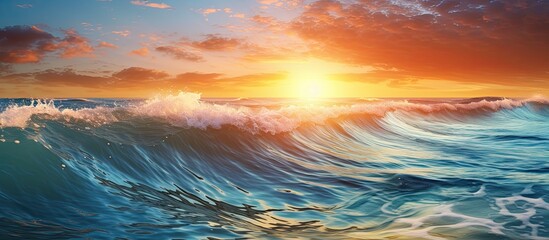 Wall Mural - Capture a picturesque sunrise over the ocean with radiant waves, perfect for a copy space image.