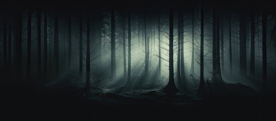 Poster - A mysterious image of a forest with shadows and a lack of light, perfect for adding text or graphics in the empty spaces of the picture - copy space image.