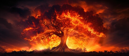 Poster - Flames engulfing a tree with a striking backdrop, featuring a vivid setting showing a tree ablaze against a background of darkening skies, a powerful visual with copy space image potential.