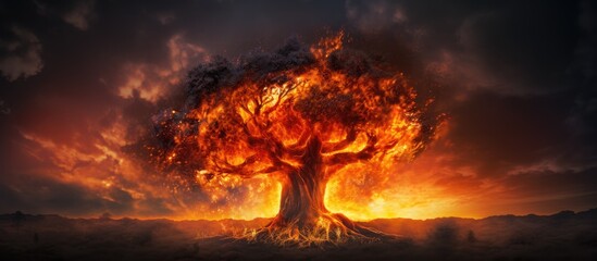 Poster - Flames engulfing a tree with a striking backdrop, featuring a vivid setting showing a tree ablaze against a background of darkening skies, a powerful visual with copy space image potential.