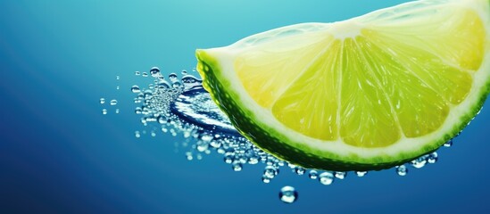 Poster - A slice of lime with a drop displayed on a blue background, providing a refreshing and vibrant copy space image.