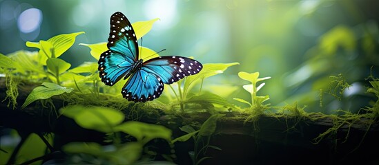 Poster - In the garden, a butterfly rests gracefully on lush green leaves, creating a serene scene with an ethereal touch enhanced by copy space image.