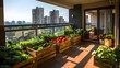 © horizon - Sleek urban balcony garden with raised beds and wooden boxes containing various vegetables, creating an indoor oasis for home gardening enthusiasts.