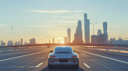 Aufkleber - A car driving on the highway, city background. Generative AI.