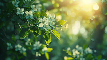 Forest in spring with fresh green leaves and flowers blooming under the sunlight