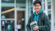 © logopiks - A university student stands outside with backpack and books in hand, looking excited about their study abroad journey. The smiling student is ready for adventure, with a campus building