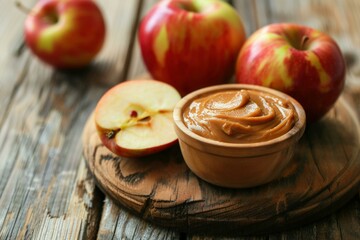 Sticker - Halved apple and whole red apples next to a bowl of caramel sauce, presented on a wood backdrop