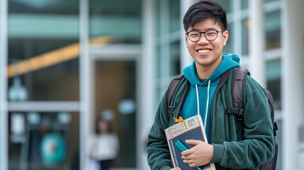 A university student stands outside with backpack and books in hand, looking excited about their study abroad journey. The smiling student is ready for adventure, with a campus building