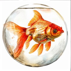 Sticker - Goldfish Bowl. Two Beautiful Goldfish Swimming in a Round Aquarium, Watercolor Illustration