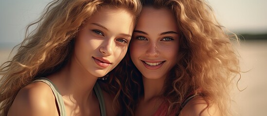 Two young and beautiful best friends, with a copy space image included.