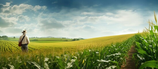 Poster - corn farmers in a rural farm setting with a picturesque background, ideal for a copy space image.