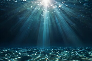 Sun shining light in blue clearly deep water, sunbeams illuminate the blue underwater sea scene, background 8k