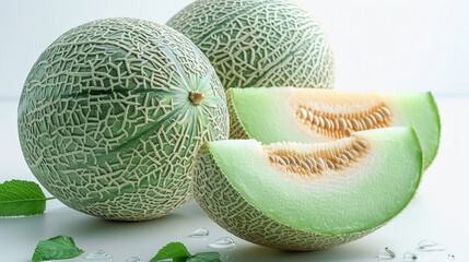 Wall Mural - A whole melon and two slices of green melons on a white background. Generative AI.
