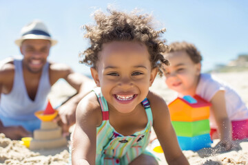 A joyful scene of a family having fun at the beach. The children play in the sand while the father watches nearby. Shallow depth of field