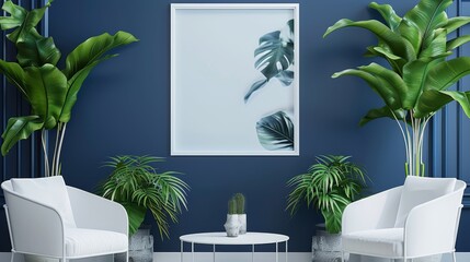 Elegant office setup with minimalist white furniture, vibrant green plants, and a blank white frame on a navy blue wall. Generative AI.