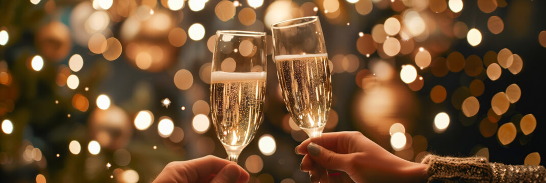 Two people clink champagne glasses against dark background with golden festive lights in bokeh