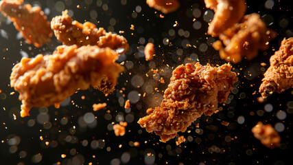 Spicy chicken wings in breading fly on a black background