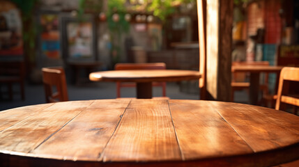 wooden round table top with blur background, space for design