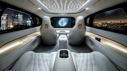 Poster - The interior of a business car, with a large TV screen and a bar as a partition in the back, featuring a novel design, white leather seats, gray carpet, futurism. Generative AI.