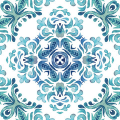 Wall Mural - Abstract cross seamless ornamental watercolor damask arabesque paint pattern. Azulejo blue and white hand drawn tile. Portuguese abstract tile design