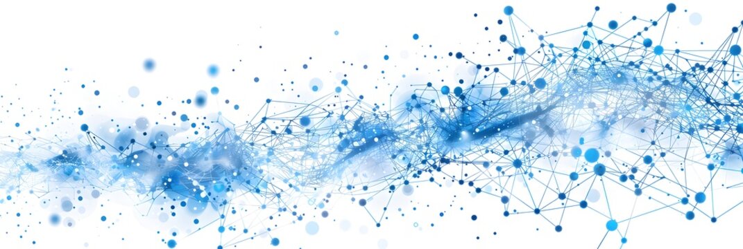 Blue and white vector background with dots connected by lines in the shape of an abstract network pattern, representing global connectivity and data transfer on digital networks, clip art style, simpl
