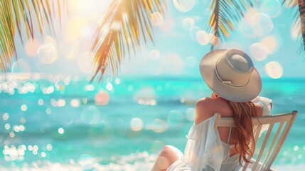 Sticker - A woman in a hat sitting on the beach under palm trees, AI