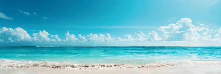 Poster - Tranquil Tropical Beach Scene with Spacious Horizon and Bright Sunlit Skies. Picturesque seascape with calm ocean waters,white sandy beach,and a clear blue sky filled with fluffy clouds.