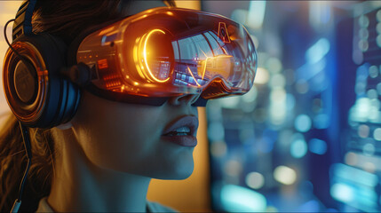 Poster - A gaming women metaverse gamer in front of a screen holographic. Generative AI.