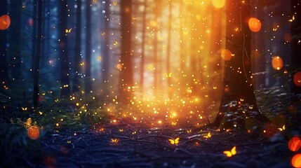 Poster - Magnificent Flittering fireflies flying in the night Fantasy enchanted forest. Fairy tale concept