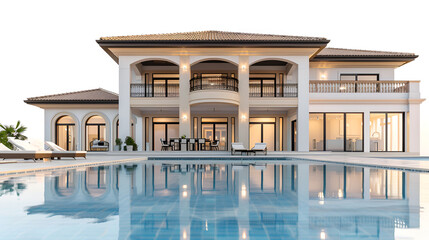 White wooden and glass wall mansion with a luxury swimming pool,Beautiful contemporary white house with blue sky