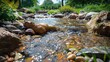 © MAY - A clear stream flowing through a rejuvenated landscape, with fresh vegetation growing along the banks, symbolizing the renewal of the environment.