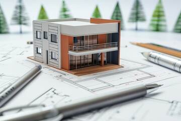 Poster - Detailed miniature model home on a blueprint, surrounded by drafting pencils