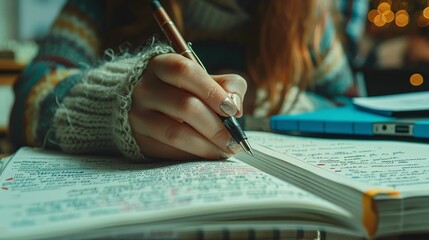 Wall Mural - A close-up of a person's hand writing notes with a pen, surrounded by textbooks and a laptop, showing a scene of studying and learning.