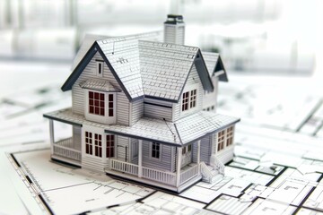 Poster - Detailed white model house sits atop architectural blueprints, symbolizing design and planning