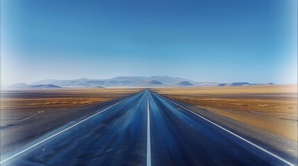 Aufkleber - A straight road, Empty and clean, The background is clear blue sky, The floor is an asphalt road. Generative AI.