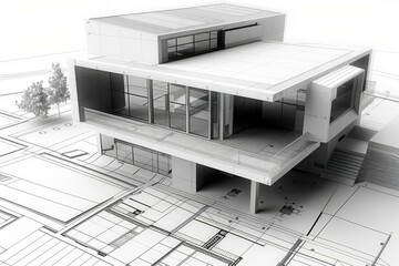 Poster - 3d rendering of a contemporary building with detailed architectural blueprints