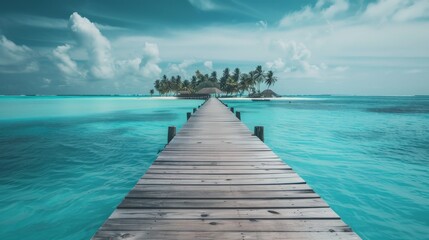 Wall Mural - A wide perspective of a holiday paradise, featuring a wooden jetty extending into turquoise waters, distant palm trees swaying in the soft light of a serene day.