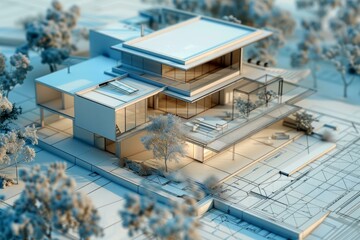 Poster - Detailed 3d architectural model of a contemporary house with surrounding blueprint plans