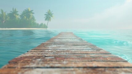 Wall Mural - A wide perspective of a holiday paradise, featuring a wooden jetty extending into turquoise waters, distant palm trees swaying in the soft light of a serene day.