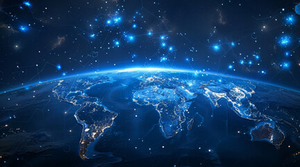 Poster - Dark blue pure background, shining stars on the world map, Asian plate in the middle position of the image, flat angle, no curvature of the Earth. Generative AI.