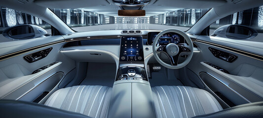 Aufkleber - The interior of a future concept luxury B - segment sedan exudes premium elegance with innovative designs across the instrument panel, console, and door panels. Generative AI.