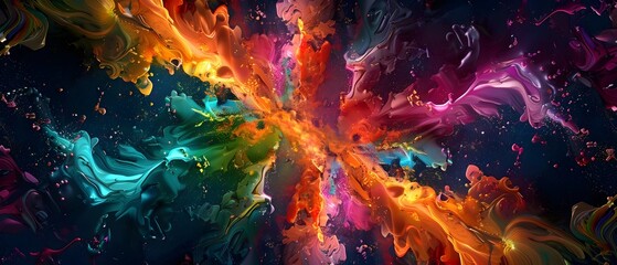 Canvas Print - Kaleidoscopic Paint Explosion Illuminating the Depths of a Dark Universe with Vibrant Swirls and Luminous Strokes