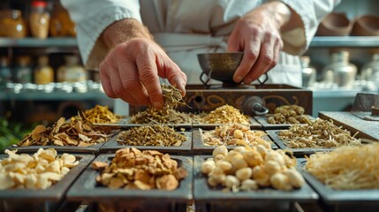 a pharmacist measuring out dried herbs, such as ginseng and valerian root, on a scale, preparing the
