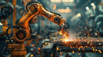 Leinwandbilder - A robotic arm in a high-tech automotive factory, welding car parts with sparks flying, surrounded by advanced industrial equipment and tools. Generative AI.