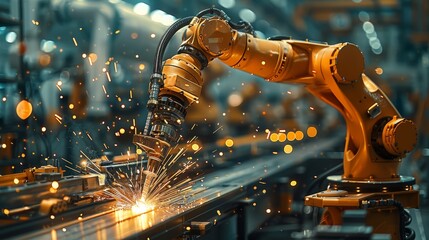Leinwandbilder - A robotic arm in a high-tech automotive factory, welding car parts with sparks flying, surrounded by advanced industrial equipment and tools. Generative AI.
