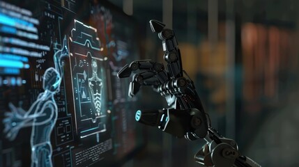 Poster - Futuristic robotic hand interacting with a digital holographic interface, showcasing advanced technology and artificial intelligence.